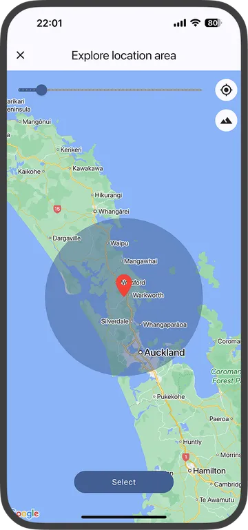 Map view with a selectable location radius.