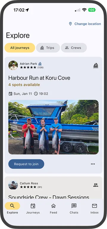 Explore screen showing a journey card with trip details.