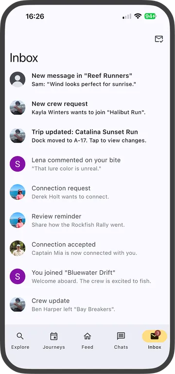 Inbox list of notifications and updates.